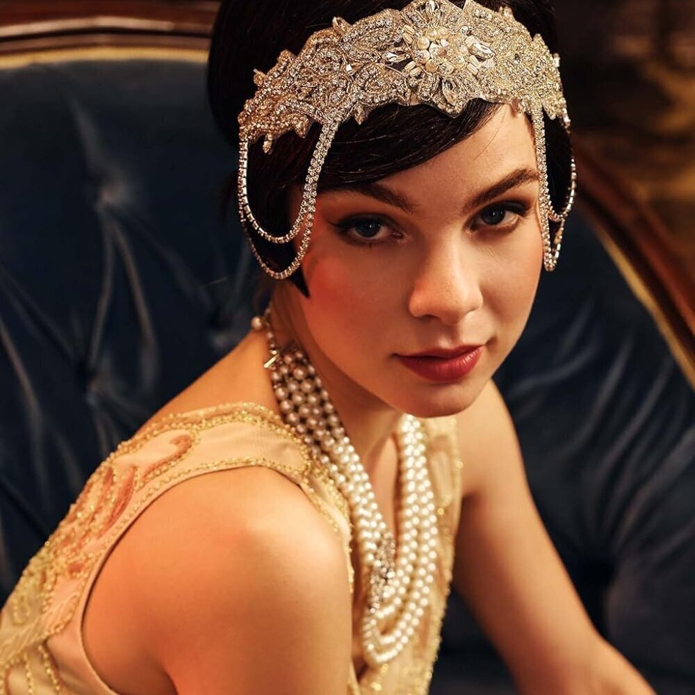 1920s Flapper Headpiece Silver Rhinestones Beads Vintage Gatsby Style for Women